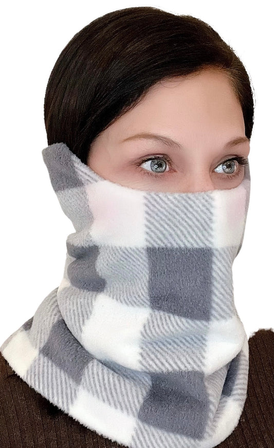 Face/Neck/Ear Warmer lined in 100% Mulberry Silk/ Gray & Ivory Plaid